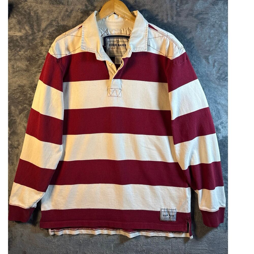 VTG 90s Eddie Bauer Maroon & White Striped Long Sleeve Rugby Shirt Men’s XLT